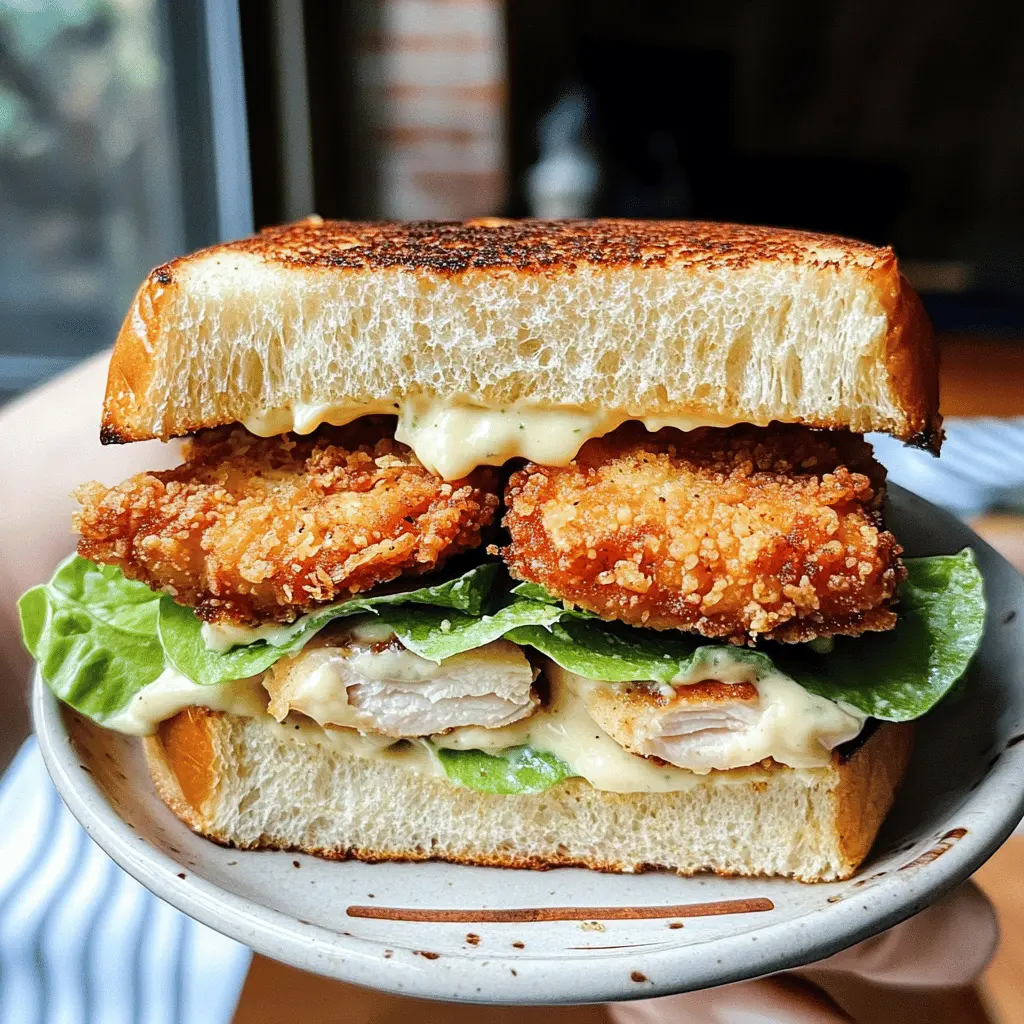 Treat yourself to a delicious Crispy Chicken Caesar Sandwich that combines crunchy chicken, fresh romaine, and creamy Caesar dressing, all nestled between two toasted pieces of bread. Perfect for lunch or a quick dinner, this sandwich is a flavor-packed delight you'll want to save for later. Ideal for meal prep or a casual gathering with friends!