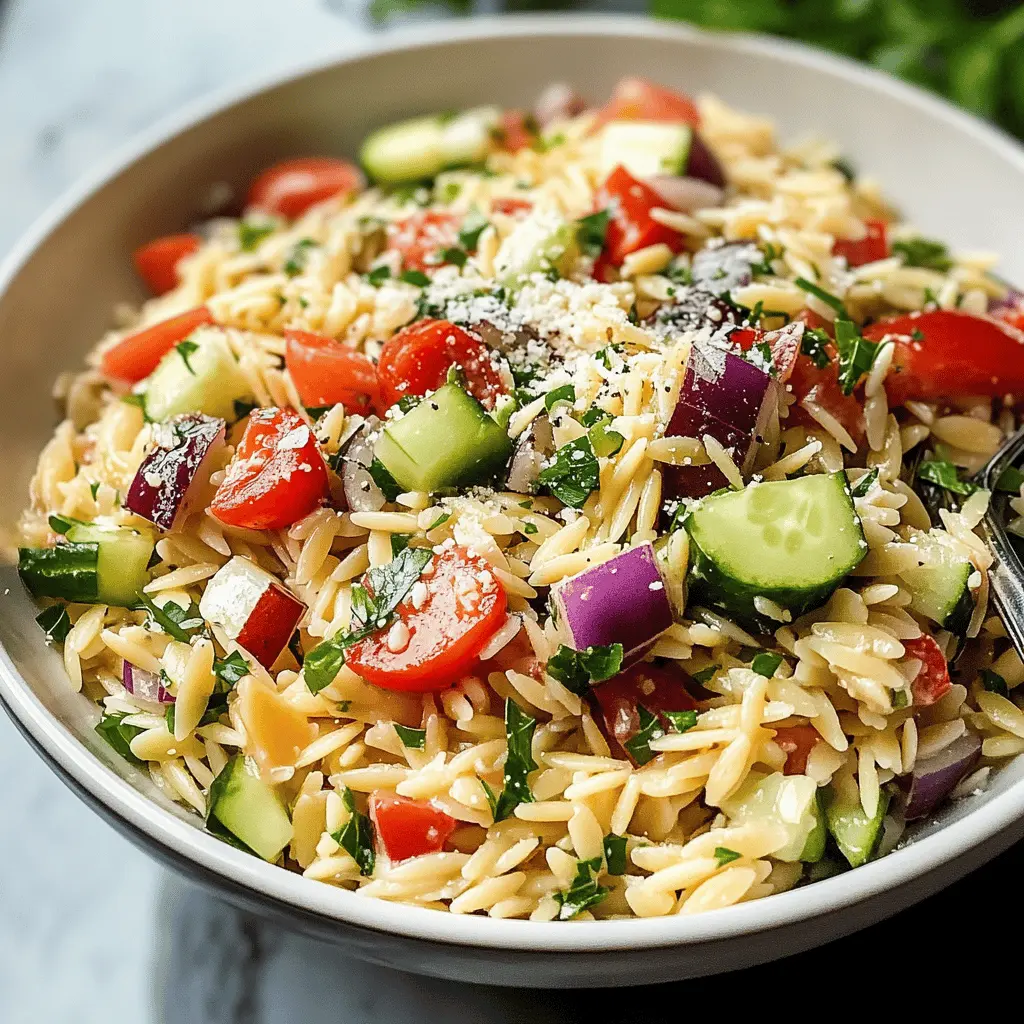 Brighten up your meal with this Easy Mediterranean Orzo Pasta Salad! Packed with fresh veggies, tangy feta, and zesty olives, it’s a delightful dish perfect for picnics, potlucks, or a light dinner. With its vibrant flavors and simple preparation, you'll want to save this recipe for your next gathering!
