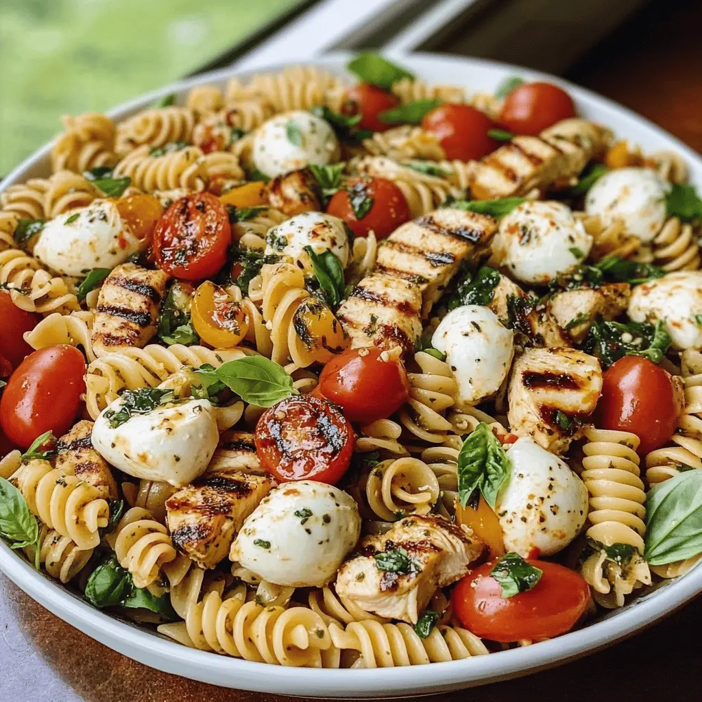Looking for a fresh twist on your pasta salad? This Layered Grilled Chicken Caprese Pasta Salad combines juicy grilled chicken, ripe tomatoes, creamy mozzarella, and fragrant basil for a vibrant dish. Perfect for picnics or family gatherings, it's a crowd-pleaser that adds flair to any meal. Save this recipe for a deliciously satisfying experience!