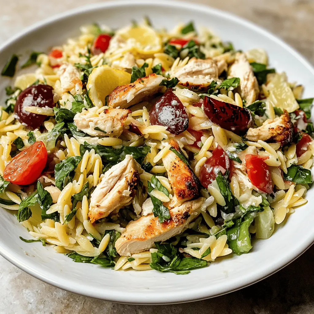Brighten up your mealtime with this refreshing Lemon Orzo Salad with Chicken! Featuring zesty lemon, tender orzo pasta, and juicy chicken, this dish brings a burst of flavor in every bite. Perfect as a light lunch or a vibrant side for dinner gatherings. Save this recipe for your next family picnic or potluck!