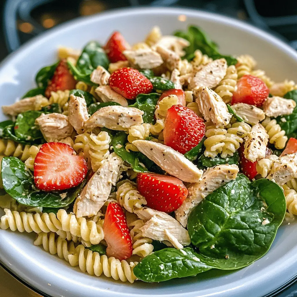 This Strawberry Chicken and Spinach Pasta Salad is a delightful mix of fresh flavors! Juicy strawberries, tender chicken, and vibrant spinach come together for a healthy meal that's perfect for lunch or dinner. Save this recipe for picnics, BBQs, or any warm-weather gathering. Your taste buds will thank you!