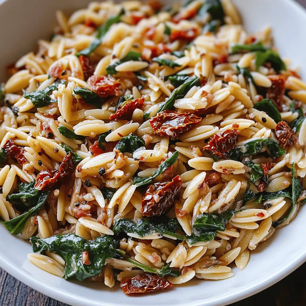 Looking for a quick and delicious meal? This Sun Dried Tomato and Spinach Orzo is the perfect choice! With its rich flavors of sun-dried tomatoes and vibrant spinach, this dish has a wonderful balance that's sure to impress. Ideal for weeknight dinners or special occasions, save this recipe to whip up a comforting bowl of goodness anytime you need!