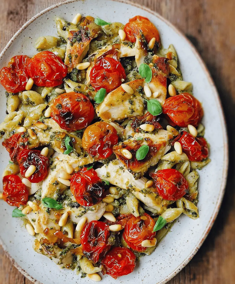 Easy Chicken Pesto Pasta with Roasted Tomatoes and Pine Nuts