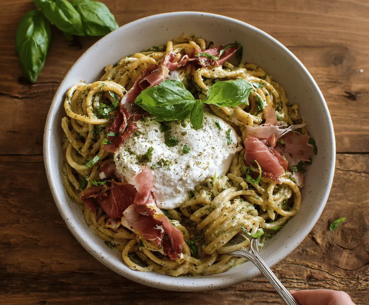 Creamy Basil Garlic Pasta with Prosciutto and Burrata