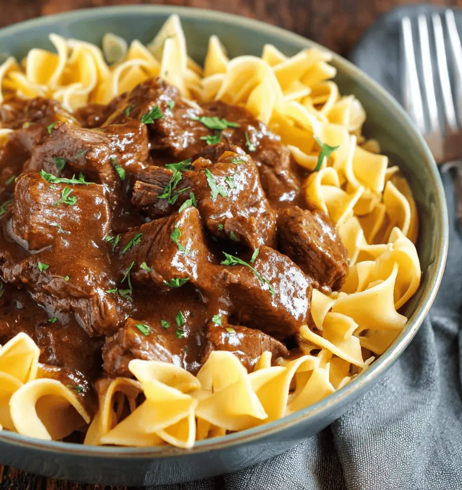 Easy Crockpot Beef Tips with Tender Noodles
