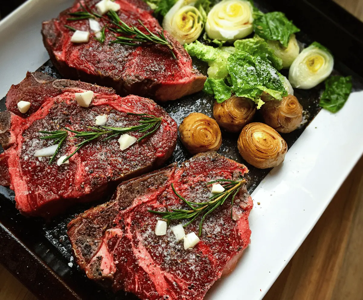 Slow Roasted Ribeye Steak with Veggies and Grilled Caesar Salad