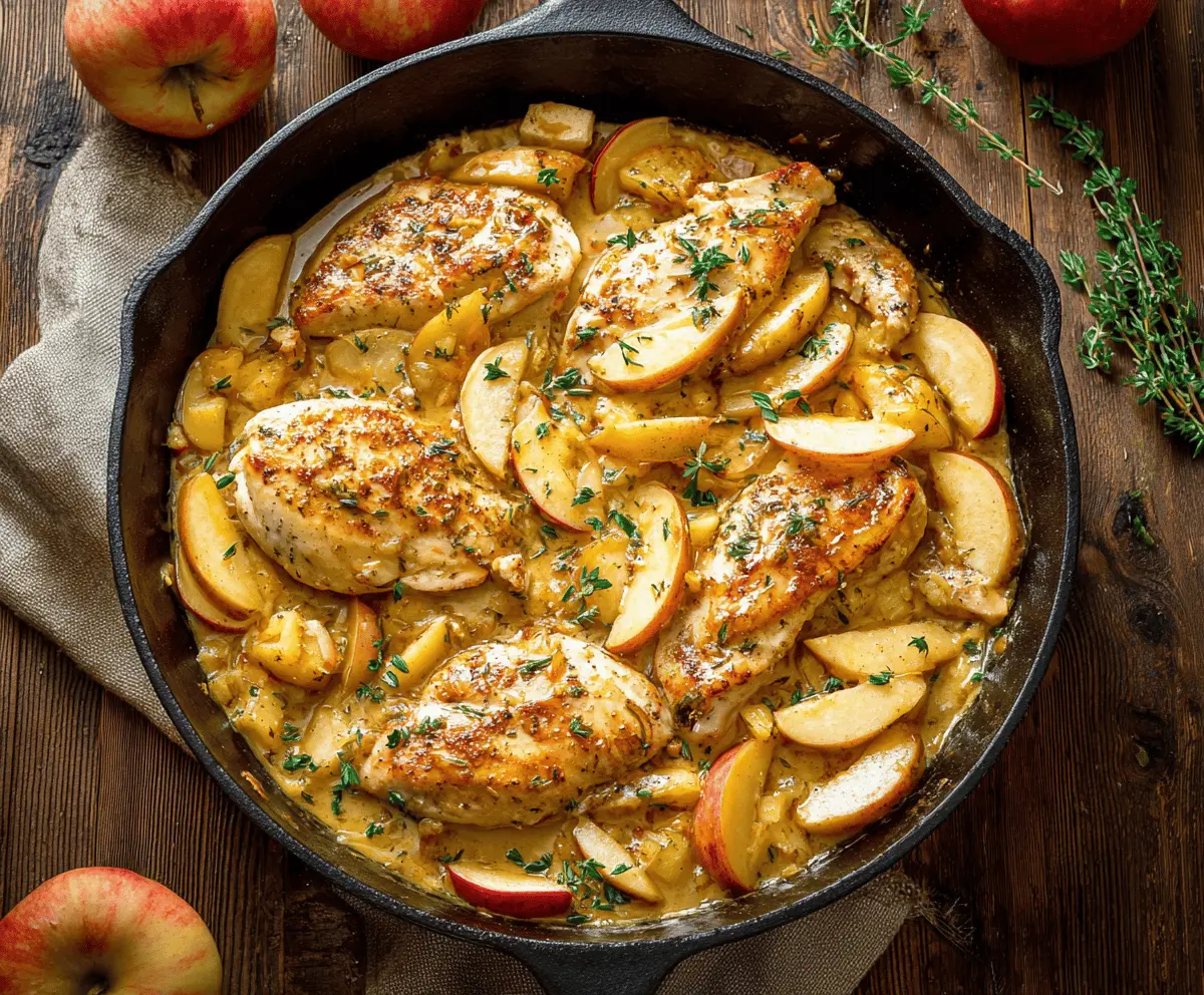 Juicy chicken skillet topped with sliced fresh apples and herbs, ready to serve as a delicious Apple Chicken Skillet dinner