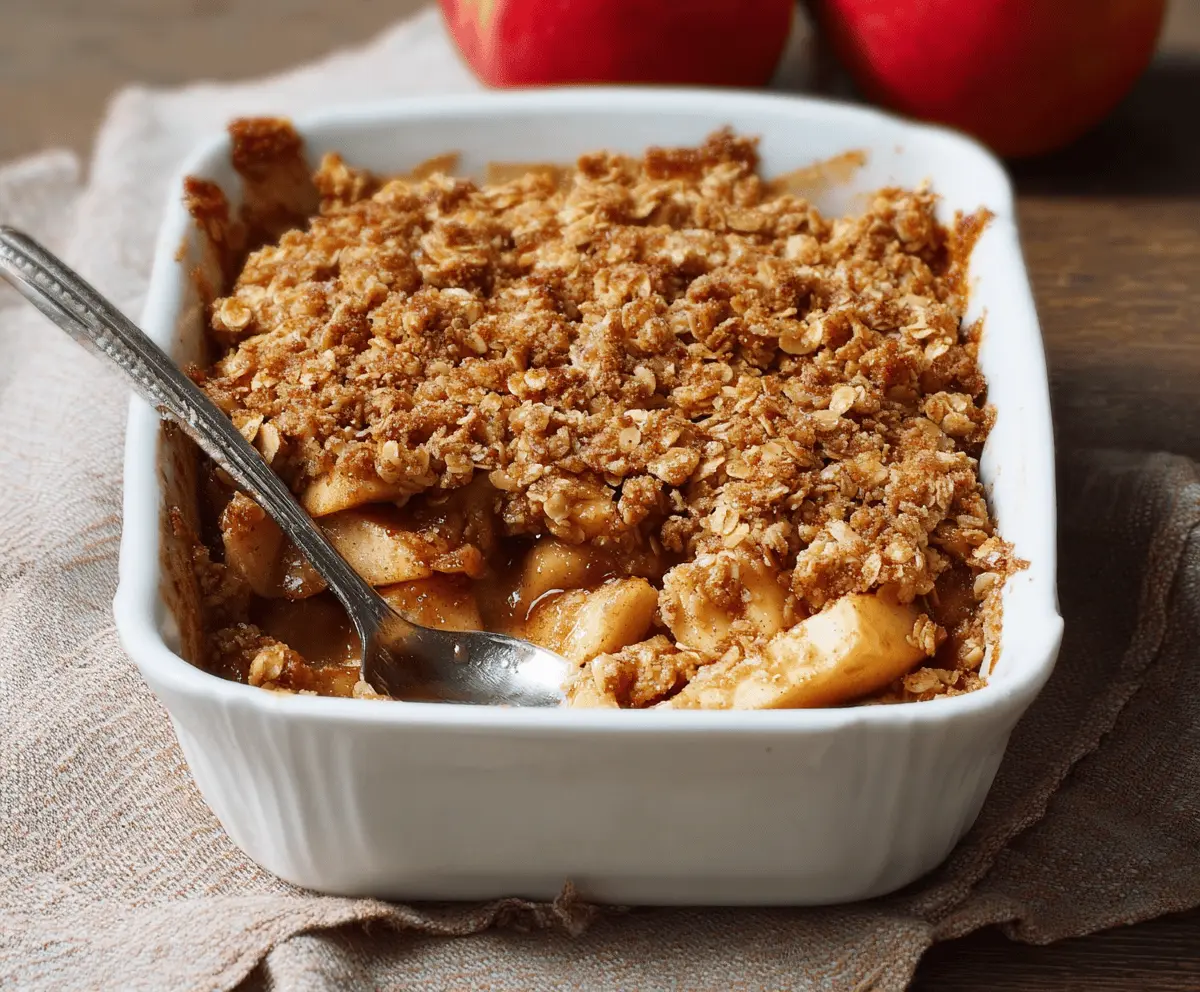 Delicious homemade apple crisp topped with crunchy oats and cinnamon served in a rustic dish