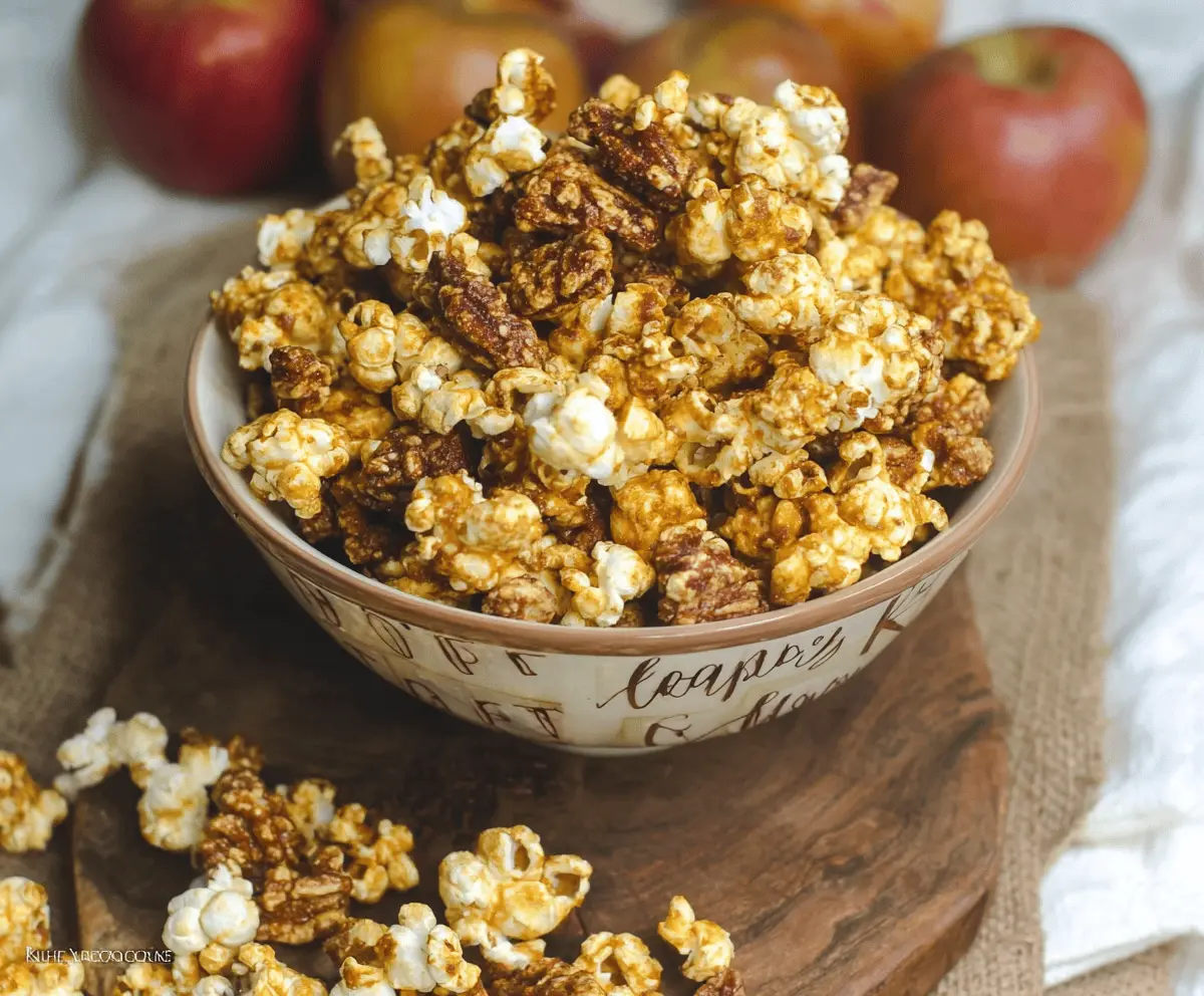 Sweet and savory Apple Pie Bourbon Popcorn topped with cinnamon and caramel, perfect for snacking and dessert lovers