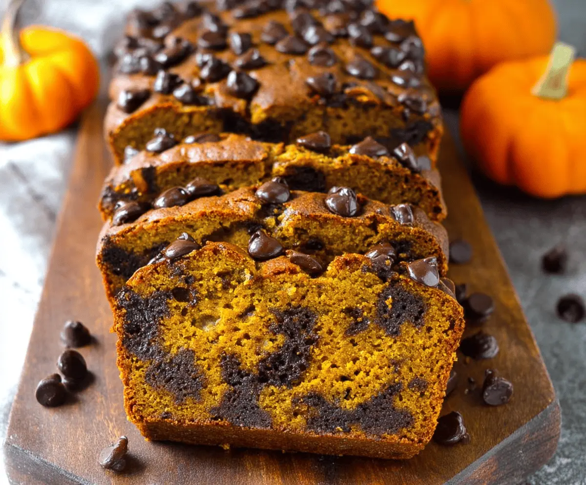 Delicious homemade chocolate chip pumpkin bread topped with chocolate chips and a dusting of powdered sugar, perfect for fall baking.