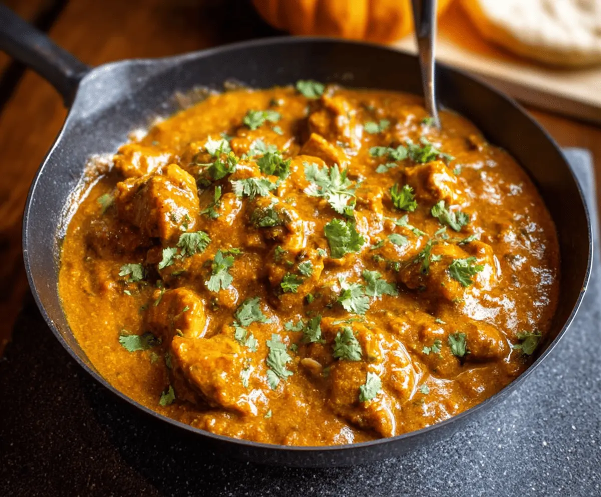 Creamy Butter Chicken Pumpkin Curry served with rice, featuring tender chicken pieces and vibrant pumpkin chunks in a rich, spiced sauce.