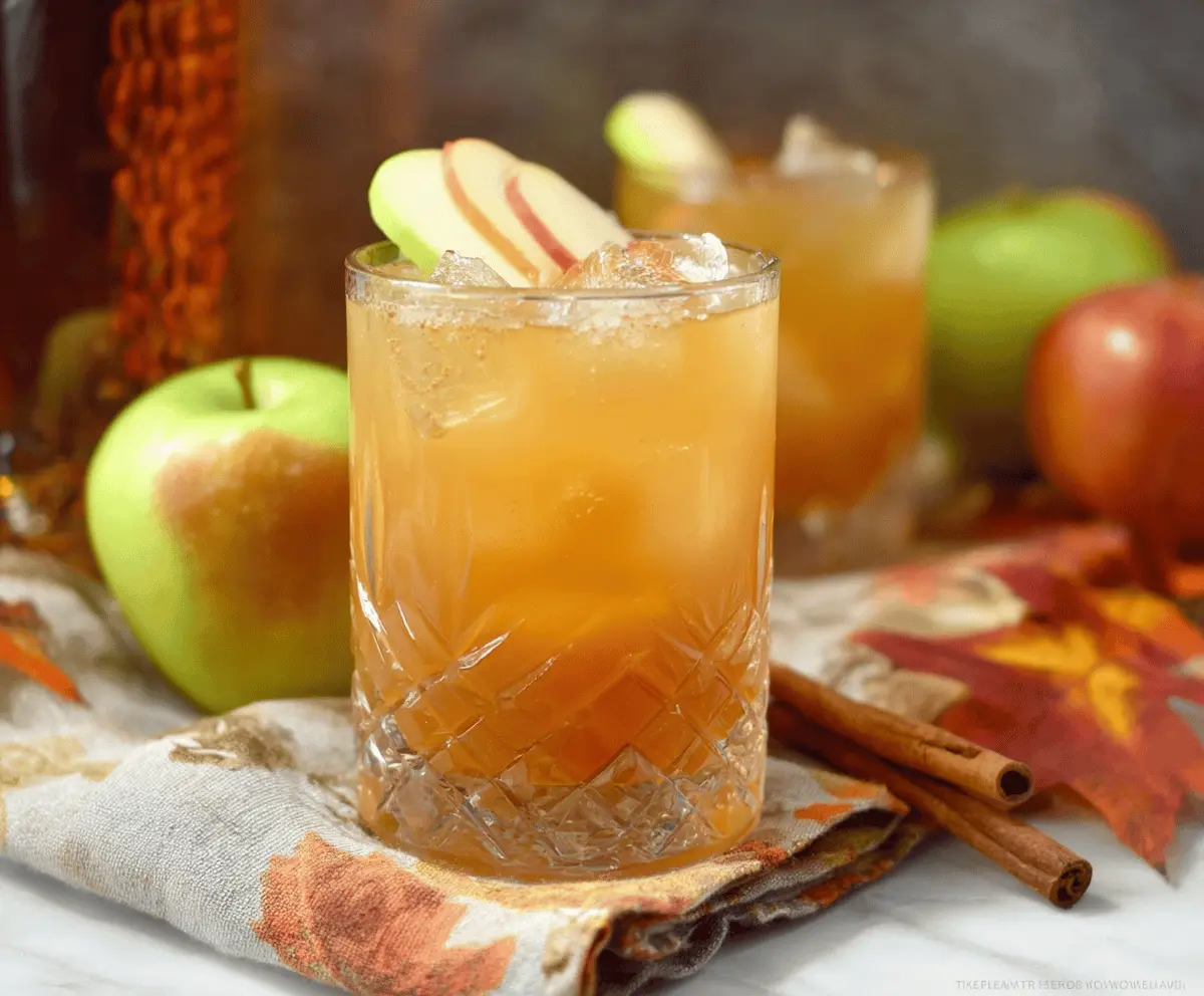 Delicious Caramel Apple Cider Bourbon Cocktail garnished with a caramel drizzle and apple slices in a clear glass