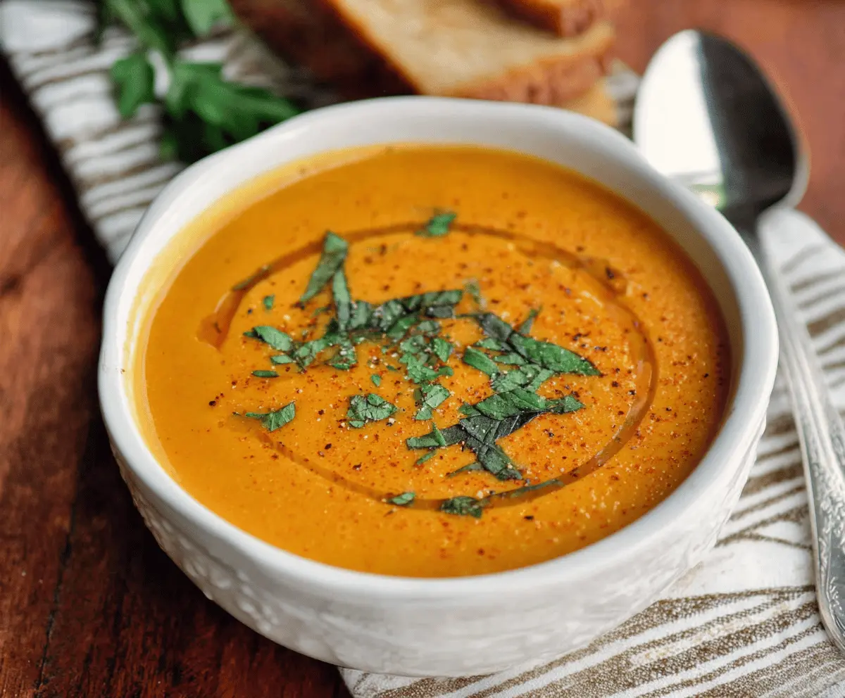 Creamy carrot soup in a bowl garnished with fresh herbs, perfect for a healthy and flavorful meal.