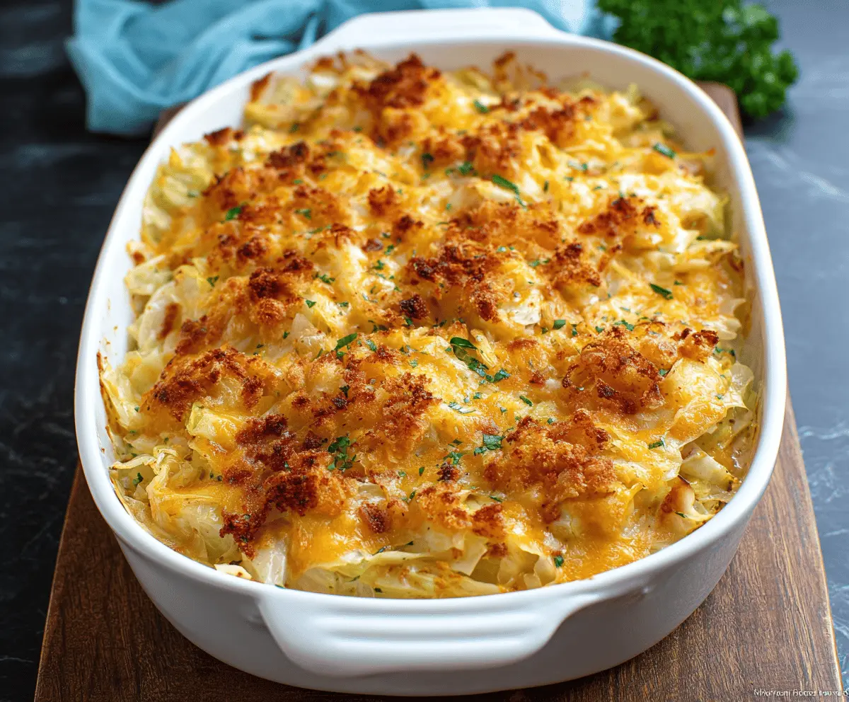 Delicious cheesy cabbage casserole with melted cheese and fresh cabbage in a baking dish, perfect for a comforting family dinner.