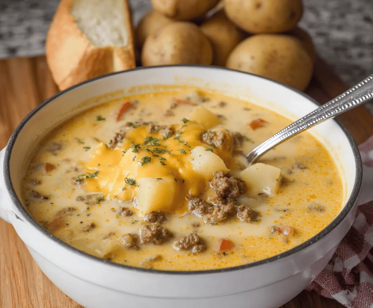 Creamy cheesy hamburger potato soup in a bowl topped with melted cheese and fresh herbs, served with bread on the side.