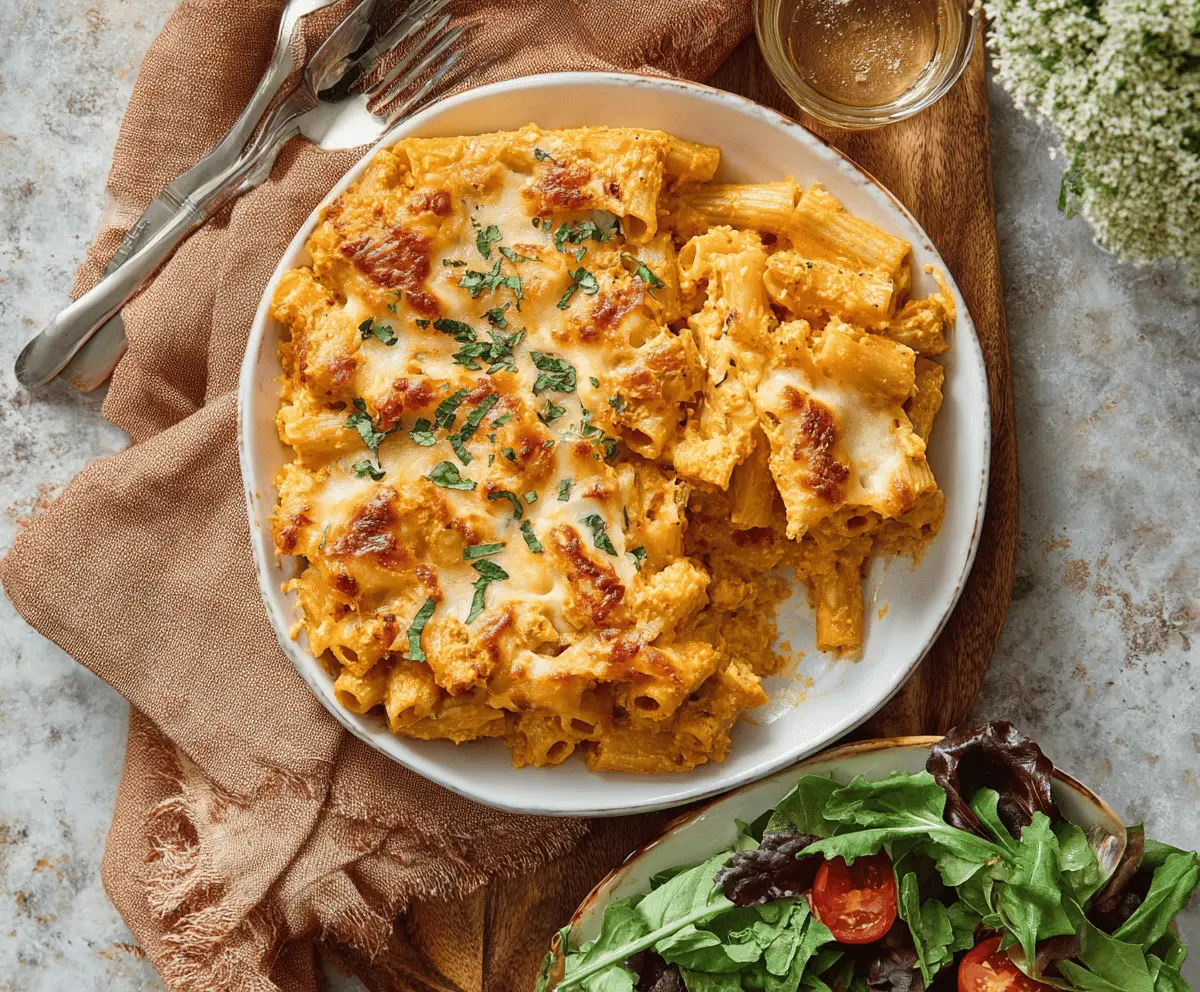 Delicious cheesy pumpkin ricotta pasta bake topped with melted cheese and fresh herbs, perfect for fall comfort food.