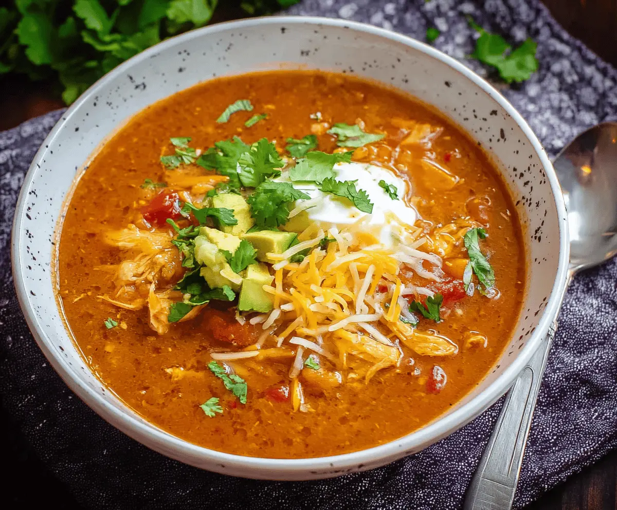 Chicken Enchilada Soup topped with cheese and tortilla strips