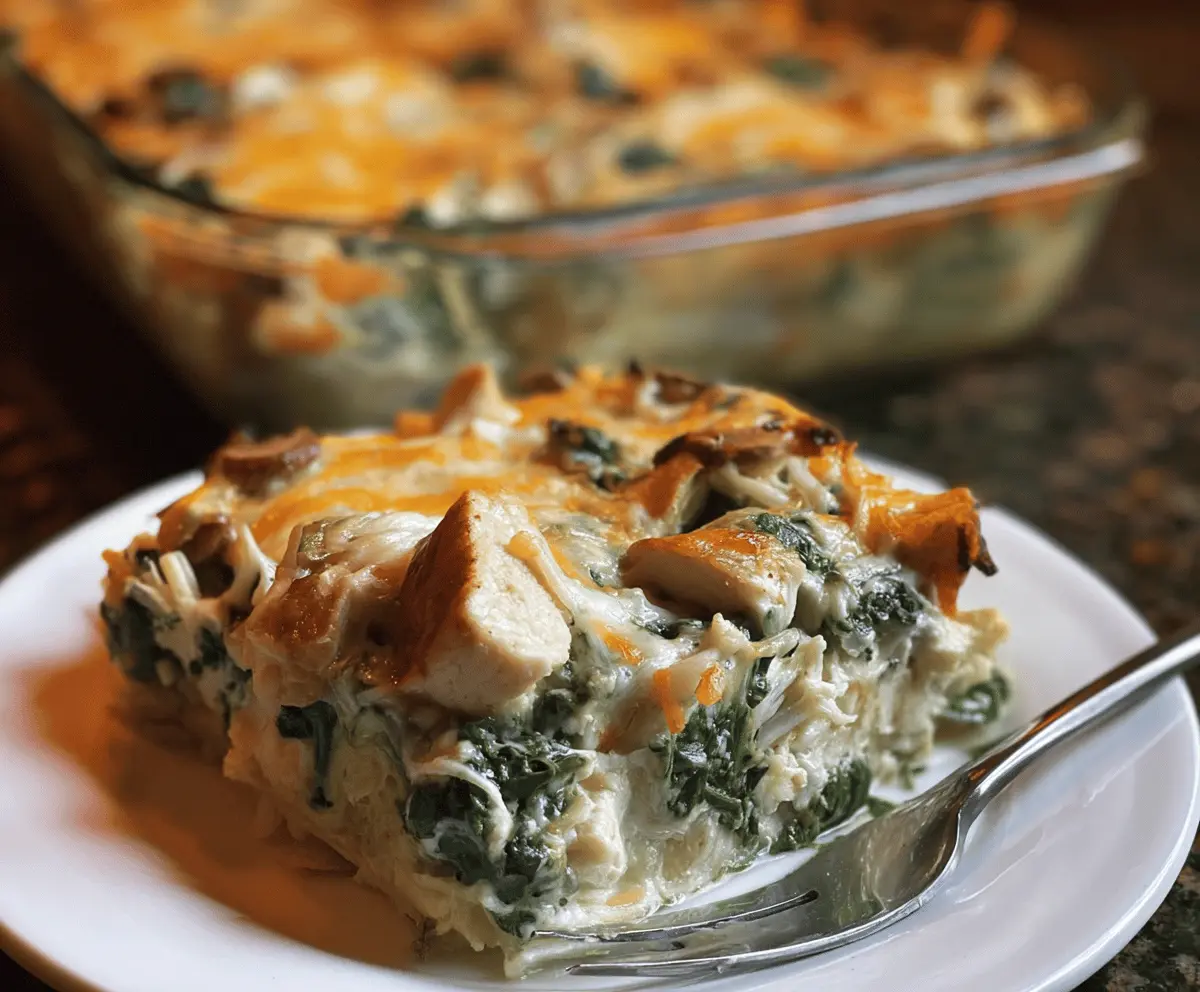 Creamy Chicken Tortilla Spinach Casserole topped with melted cheese and fresh spinach leaves, served hot.