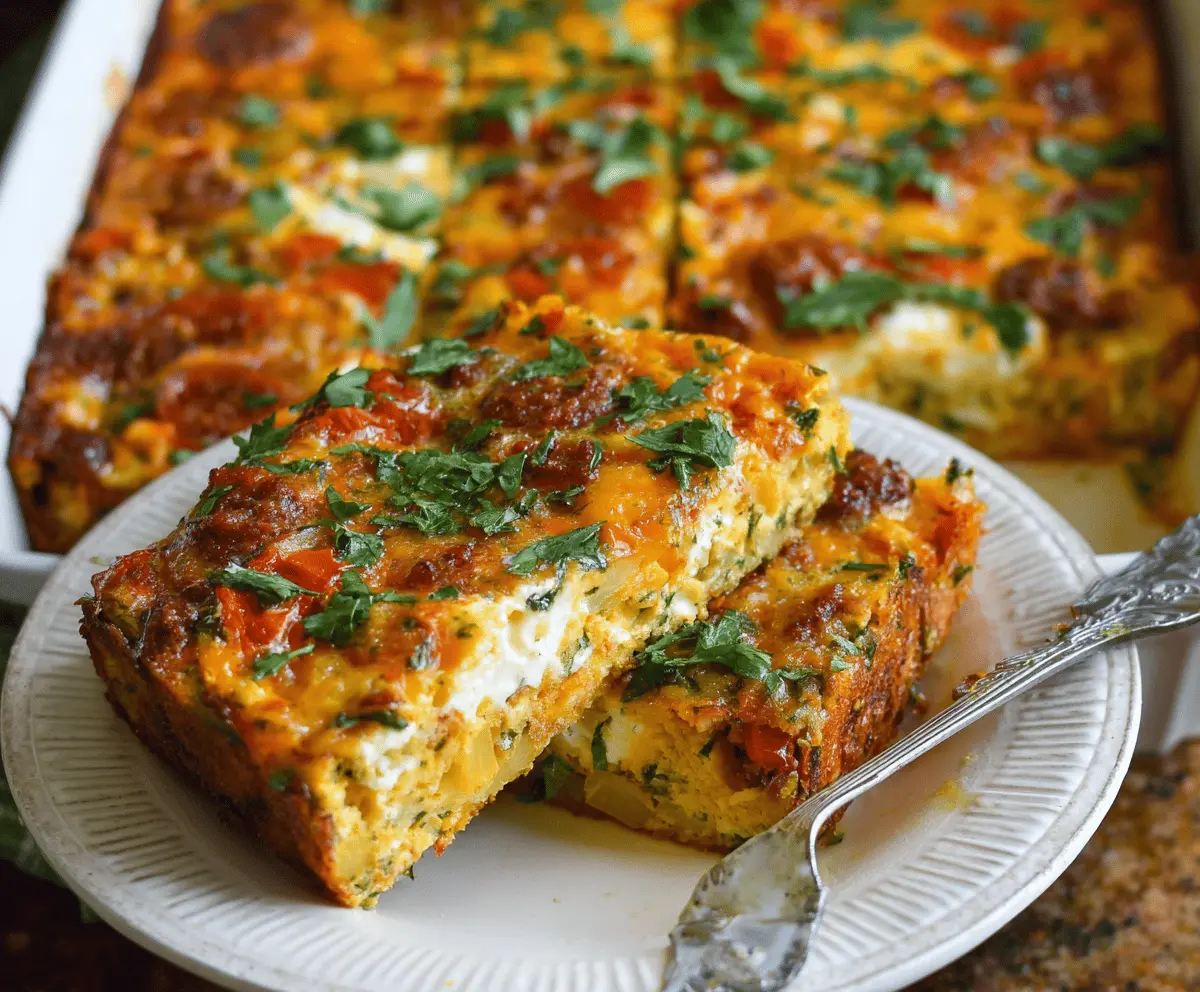 Delicious Chorizo and Potato Egg Casserole with melted cheese and fresh herbs, ready to serve for breakfast or brunch.
