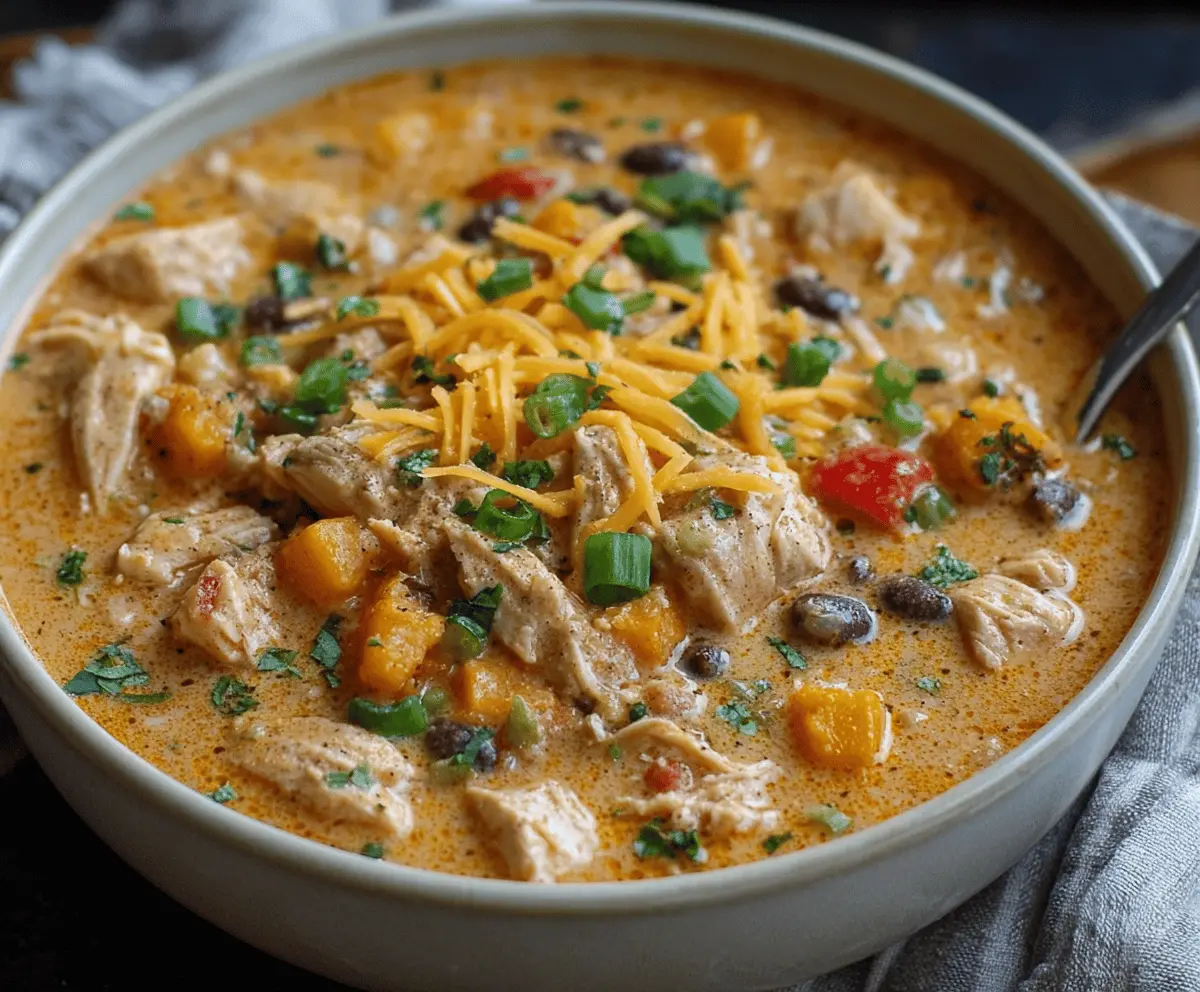 Cream Cheese Chicken Chili in a bowl topped with fresh herbs and shredded cheese, ready to serve