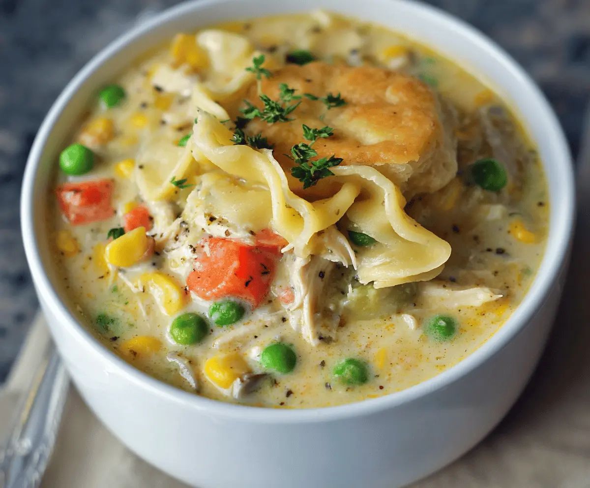 Creamy Chicken Pot Pie Soup in a bowl topped with herbs and crust crumbles, served with a spoon, highlighting a comforting and hearty meal option.