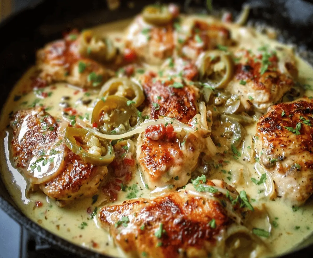 Creamy Pepperoncini Chicken Skillet served in a skillet with tender chicken breasts, topped with sliced pepperoncini peppers and fresh herbs, featuring a rich and flavorful sauce.