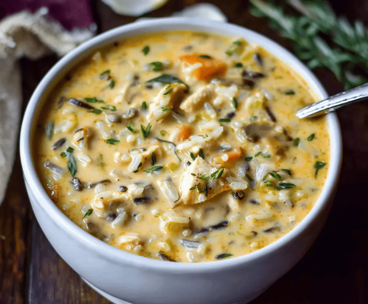 Creamy turkey and wild rice soup in a bowl with fresh herbs, served hot with a spoon, perfect for a comforting meal