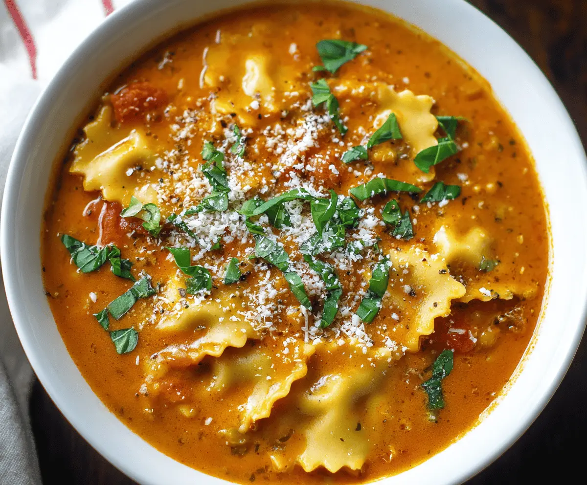 Creamy vegan lasagna soup with layers of plant-based cheese, tomato sauce, and fresh herbs in a bowl, garnished with basil