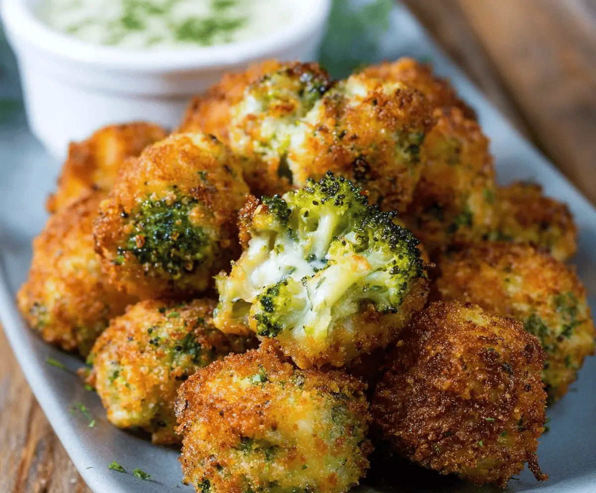 Delicious crispy broccoli cheddar popper stuffed with broccoli, melted cheddar cheese, and golden breading, ready to serve as a tasty appetizer.