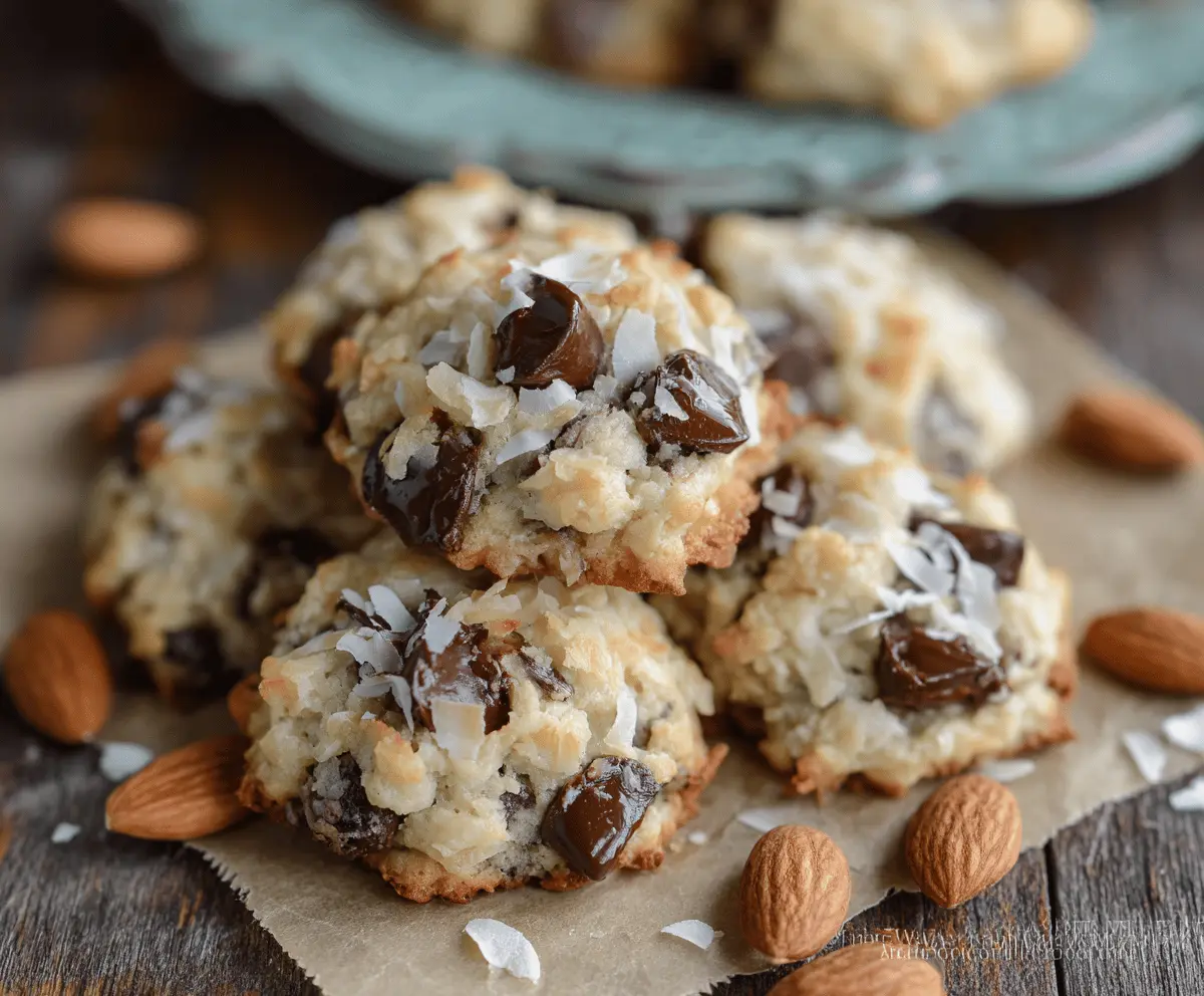 Delicious homemade almond joy cookies with coconut, almonds, and chocolate in a small batch recipe