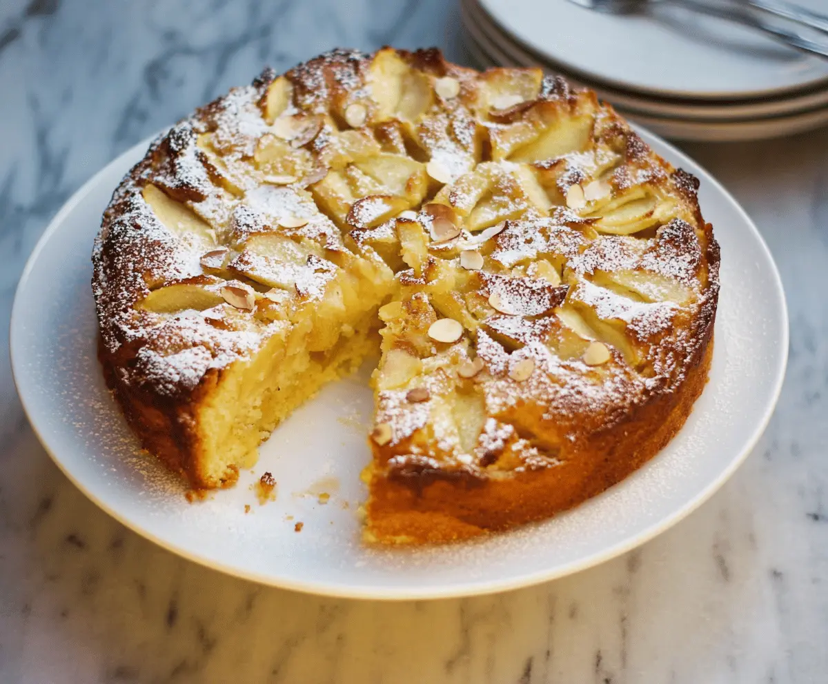 Delicious moist Italian Torta di Mele (Apple Cake) with fresh apple slices and golden crust, perfect for a homemade dessert