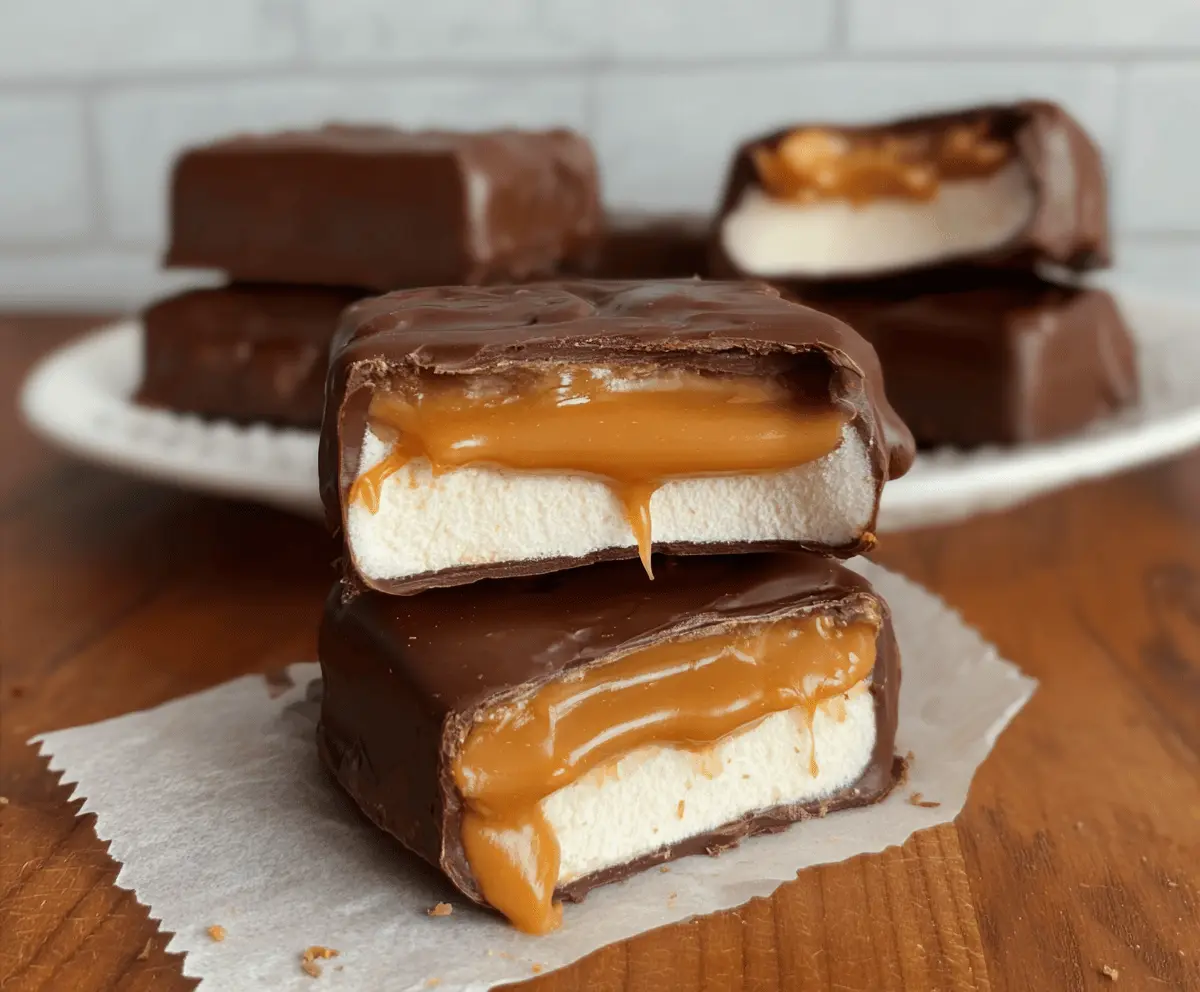 Delicious healthier caramel-filled Klondike bars on a plate, showcasing creamy ice cream and rich caramel inside a chocolate-coated bar, perfect for a sweet treat