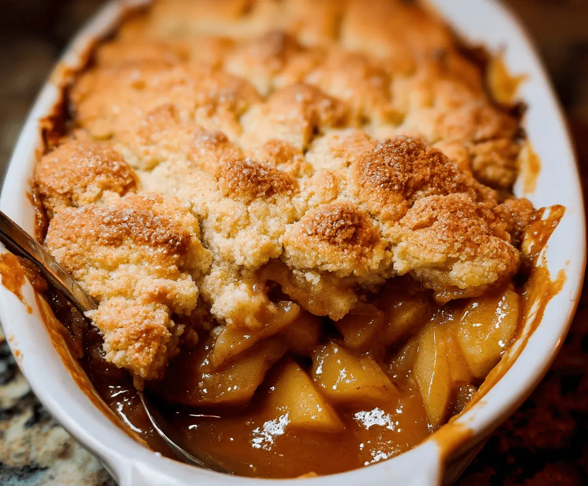 Delicious homemade apple cobbler topped with golden-brown crust and fresh apple slices, served in a rustic baking dish