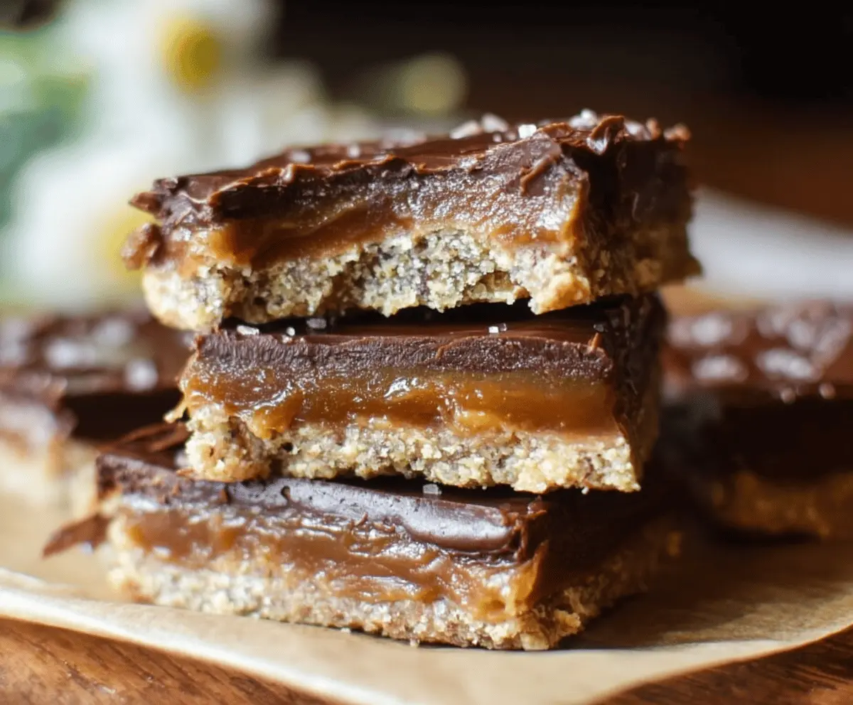Delicious homemade Date Twix Bars with a crunchy cookie base, caramel filling, and chocolate coating on top, perfect for a sweet treat.