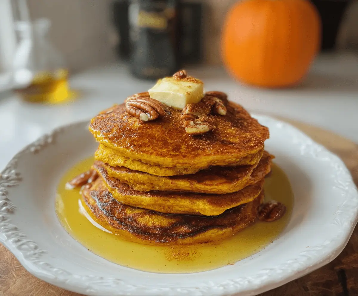 Homemade sourdough discard pumpkin pancakes topped with whipped cream and cinnamon for a delicious fall breakfast