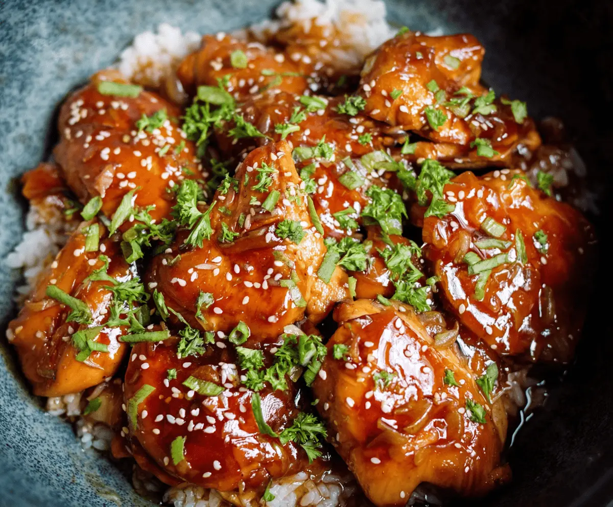 Juicy honey garlic chicken cooking in a crockpot with golden sauce and fresh herbs, perfect for a flavorful dinner