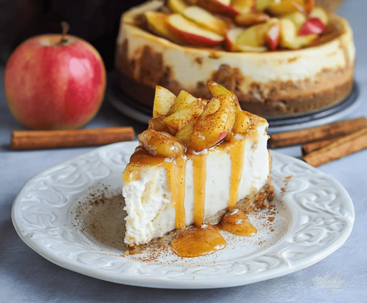 Creamy Instant Pot Apple Cinnamon Cheesecake topped with fresh apple slices and cinnamon for a delicious fall dessert.