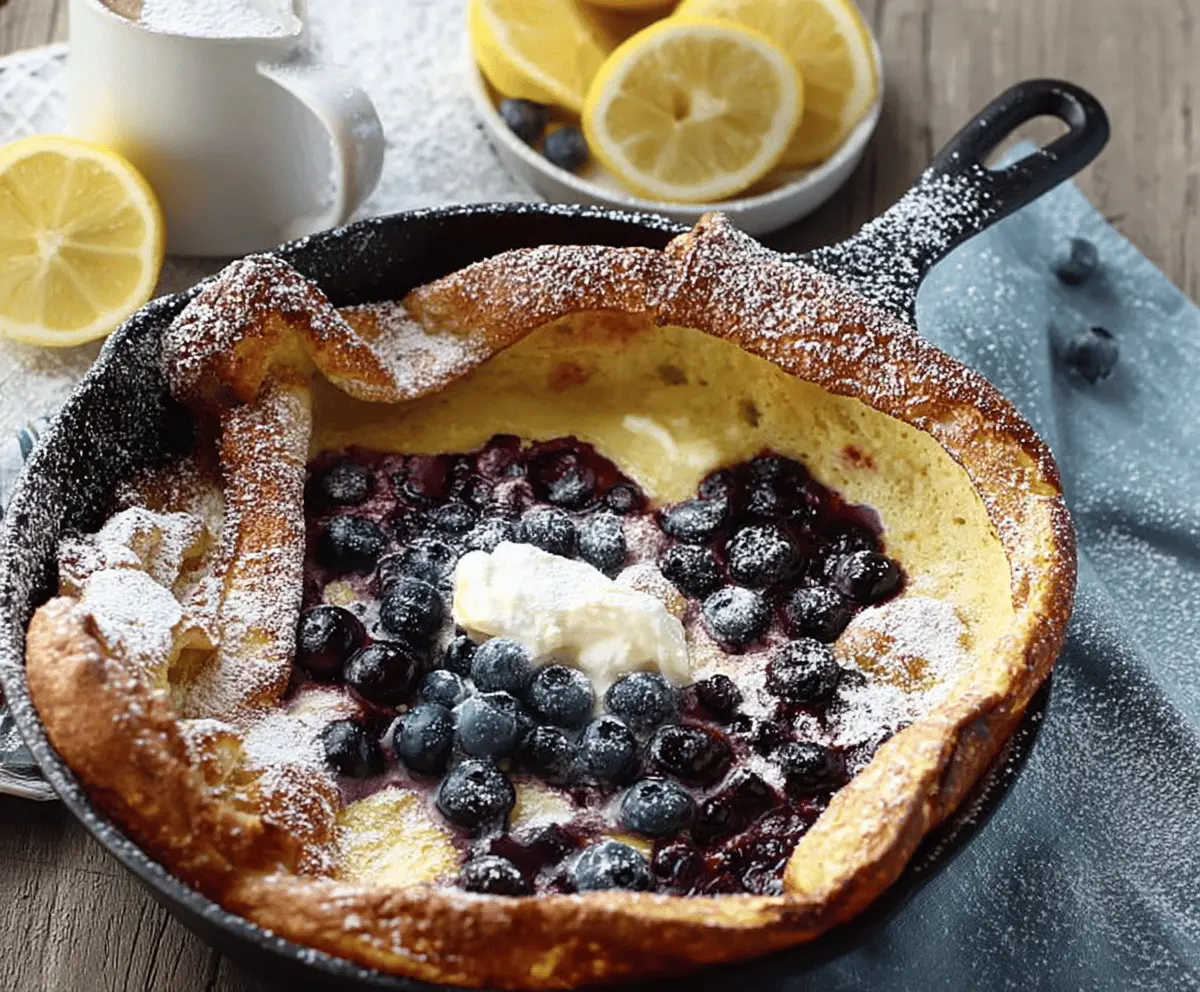 Delicious Lemon Blueberry Dutch Baby baked in a skillet, topped with fresh blueberries and lemon zest, perfect for serving six people.