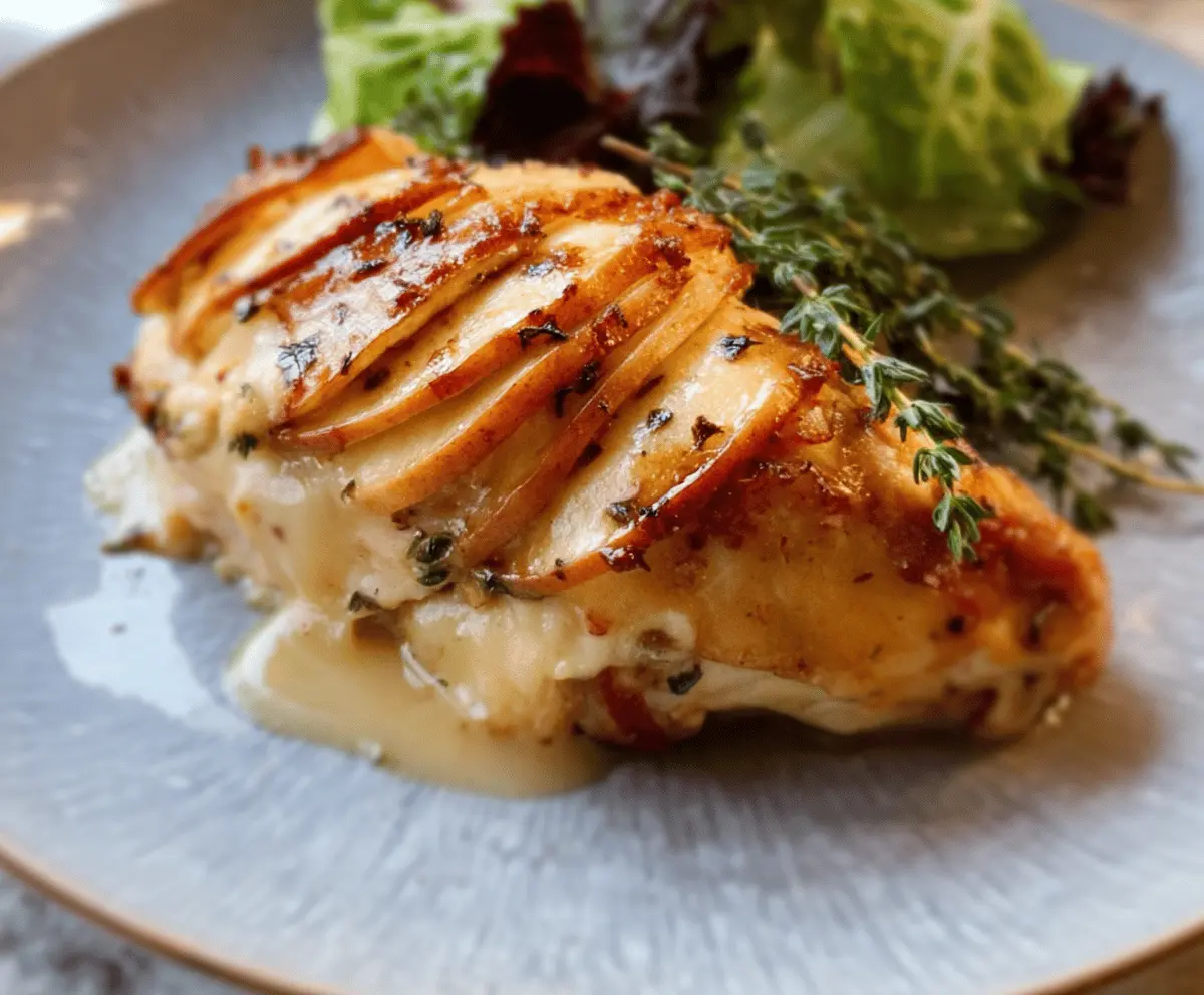 Juicy chicken breast stuffed with melted Brie cheese and sliced apples, topped with a sweet maple glaze, served on a plate with fresh herbs.