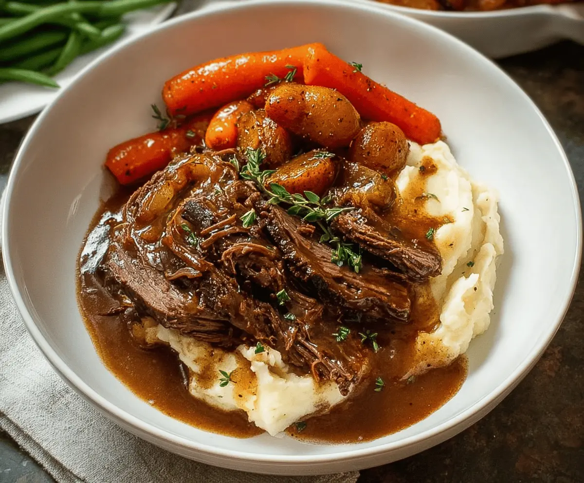 Juicy Mississippi Pot Roast served with tender meat, melted cheese, and flavorful gravy on a rustic plate