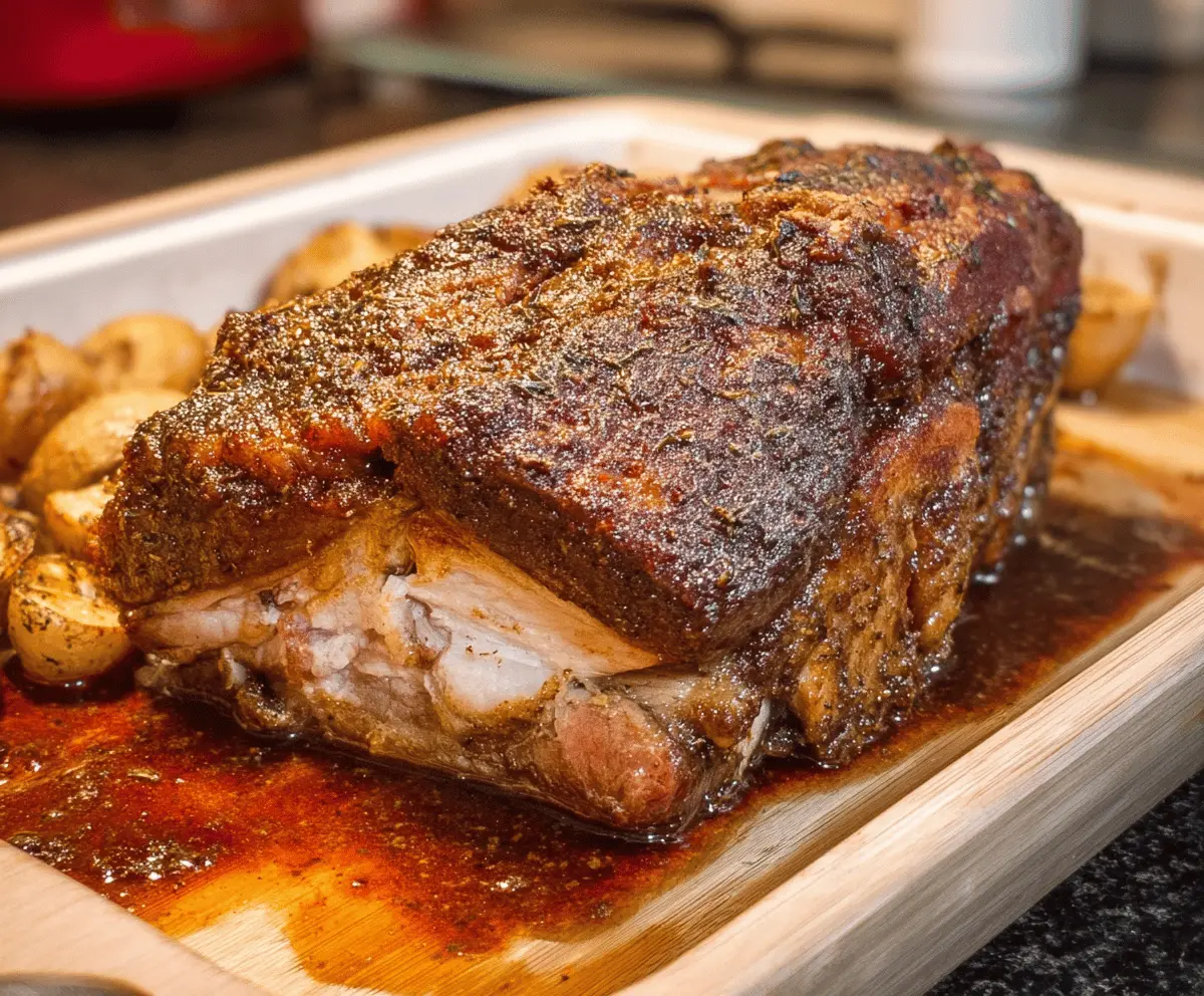 Juicy oven roasted pork butt with crispy golden crust served on a platter, perfect for a hearty meal.