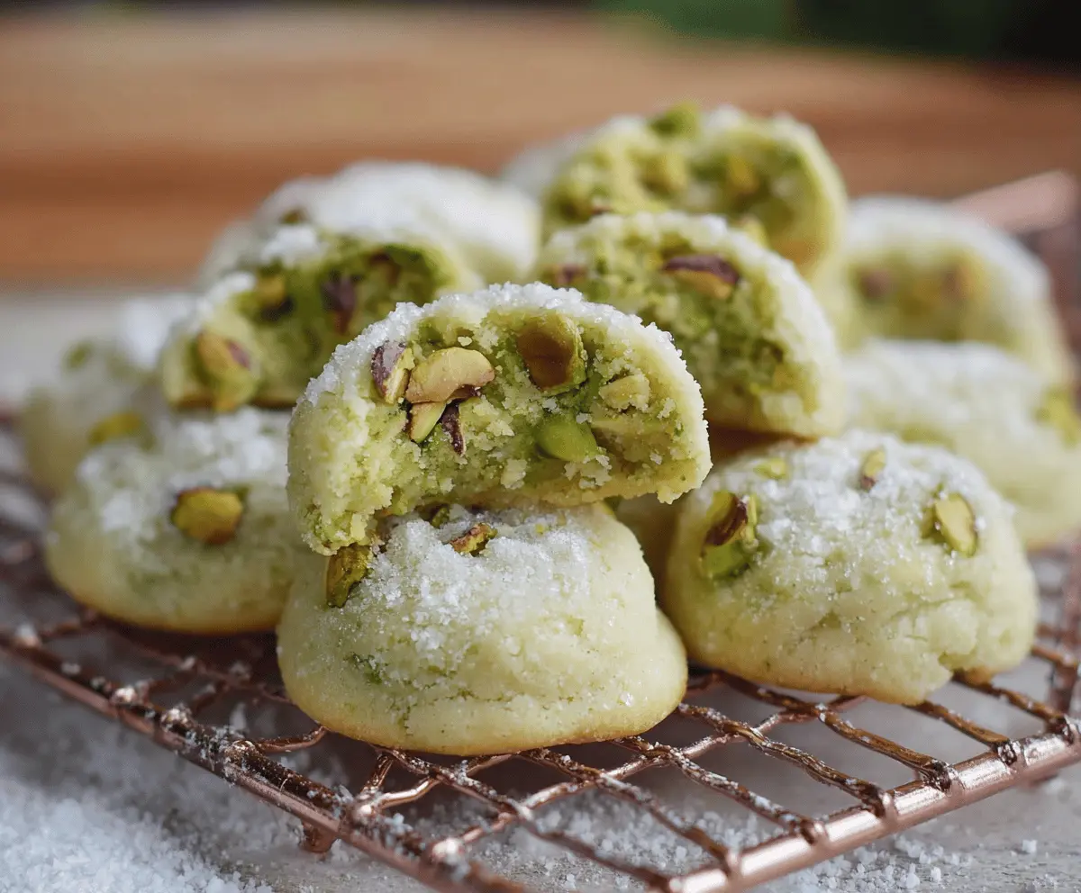 Delicious homemade pistachio wedding cookies with green and white icing, perfect for celebrations and special occasions.