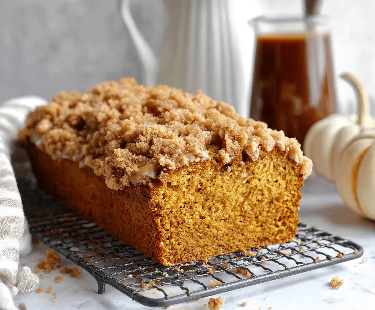 Delicious pumpkin bread topped with a rich brown sugar streusel crust, perfect for fall desserts and cozy gatherings.