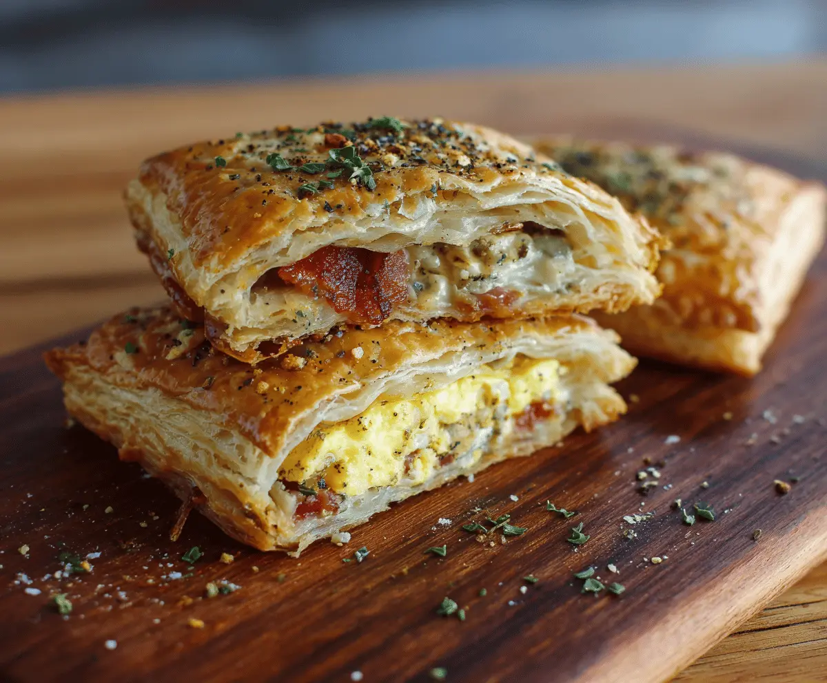 Savory Breakfast Pop-Tarts with flaky crust and filling of cheese, eggs, and vegetables on a rustic plate