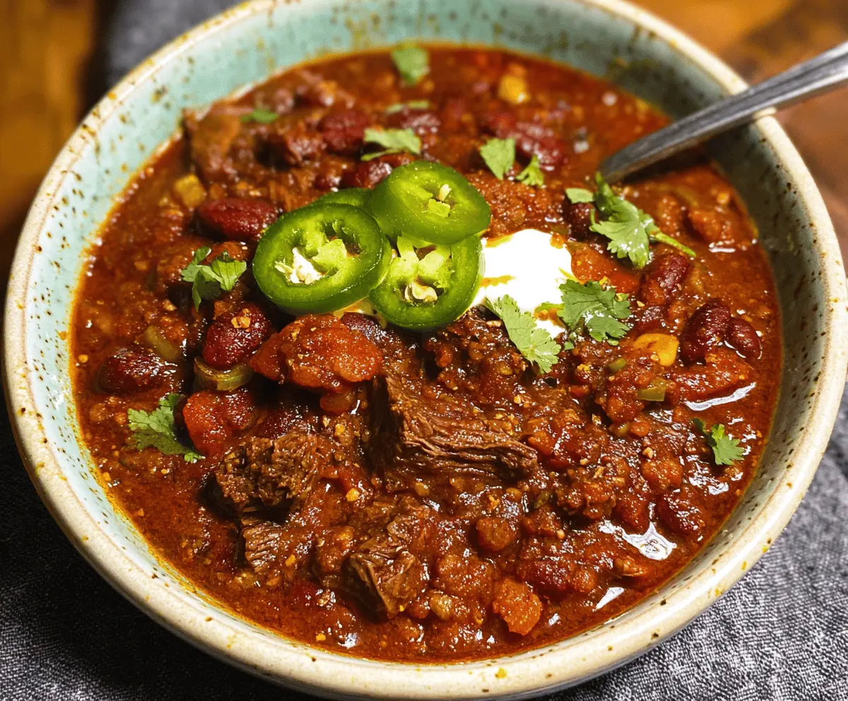 Hearty short rib and chorizo chili in a bowl garnished with fresh herbs, served with crusty bread on a rustic wooden table.