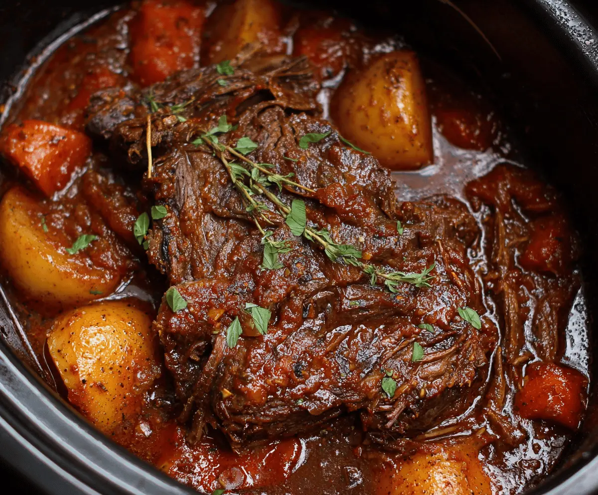 Tender Caribbean-style pot roast cooking in a slow cooker with colorful vegetables and flavorful spices