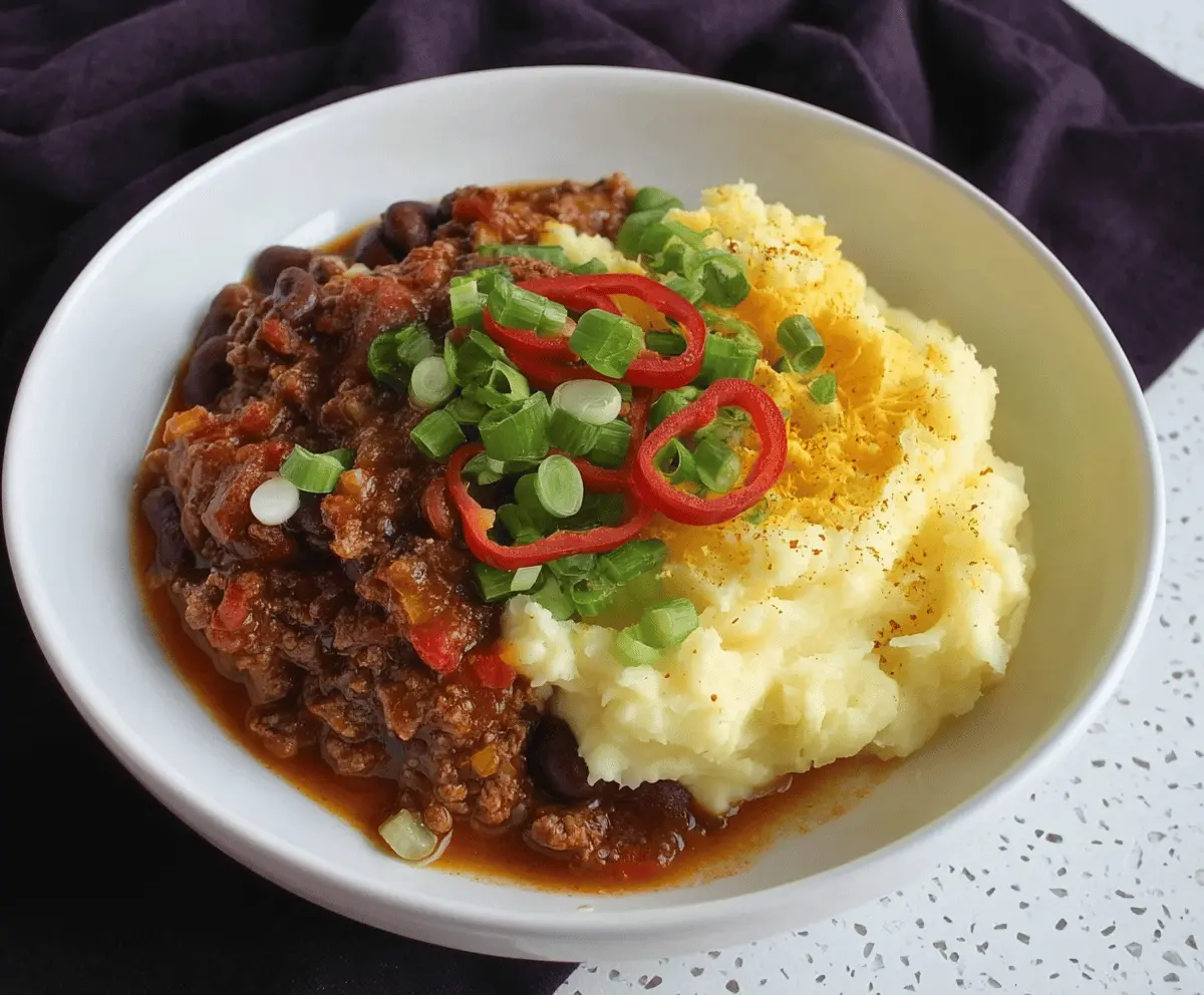 Hearty spicy chili served with creamy mashed potatoes in a rustic bowl, garnished with fresh herbs and chili flakes.