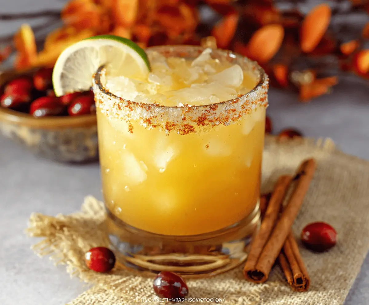 Colorful Thanksgiving Margarita garnished with lime and cranberries, featuring festive holiday decorations and ingredients on a rustic table.