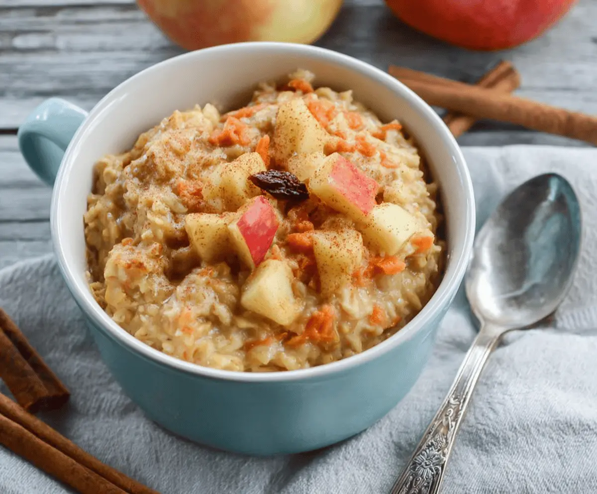 Creamy 10-Minute Apple Carrot Oatmeal in a bowl with sliced apples and grated carrots, perfect for a healthy breakfast.