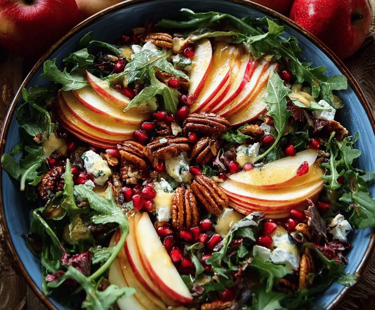 Fresh Honeycrisp apples, leafy greens, walnuts, and dried cranberries in an Autumn Harvest Apple Salad bowl, perfect for fall enjoyment